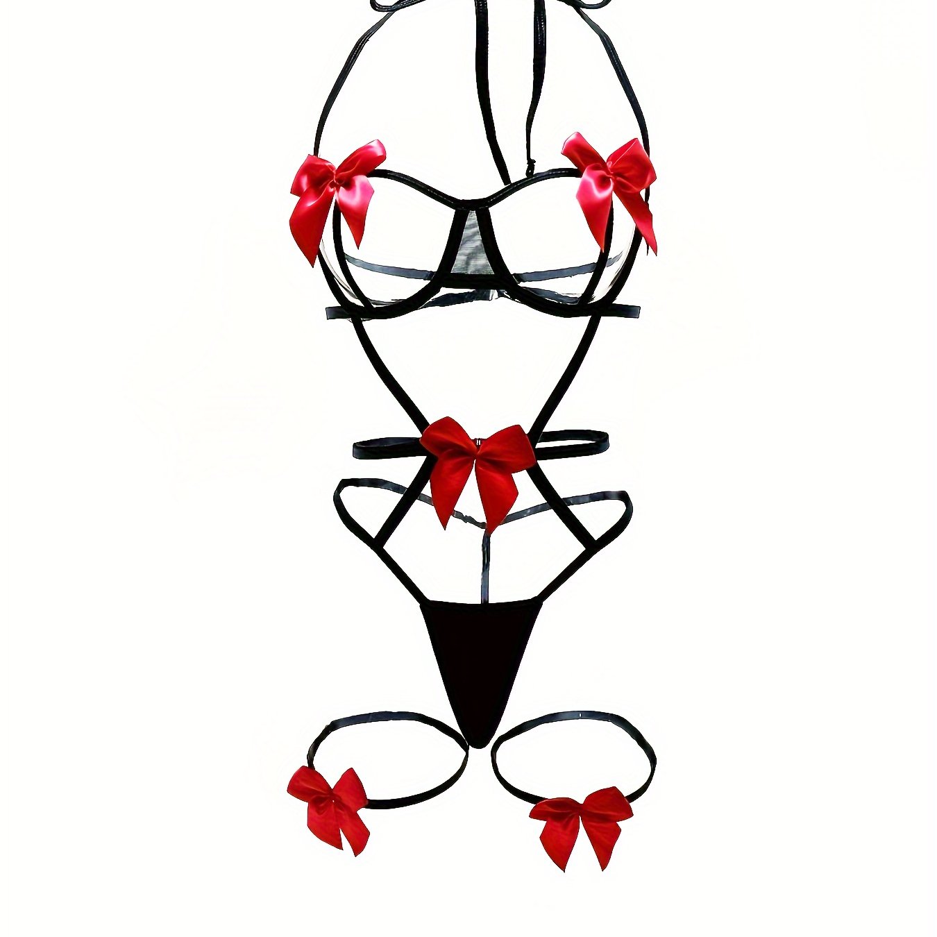 Sexy bow strappy teddy with open cup halter and leg rings.