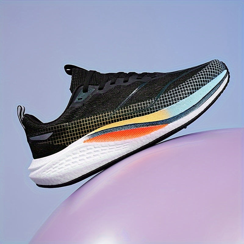 Men's road running shoes with breathable fabric upper, stripes, low-top design, lace closure, rubber sole, and lightweight minimalist design. Suitable for daily, casual, and running