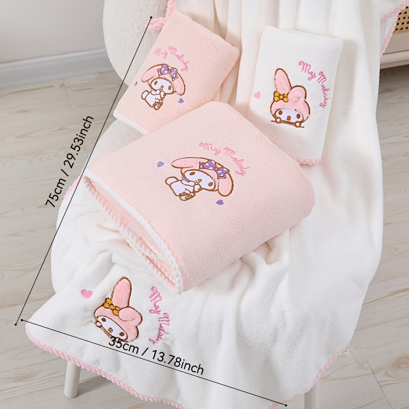 Contemporary cartoon-themed Hello Kitty and Friends plush bath towels in knit fabric made from a 40% cotton, 60% acrylic blend. Featuring a checkered pattern, low lint, 280gsm, and oblong shape, ideal for wash cloths.