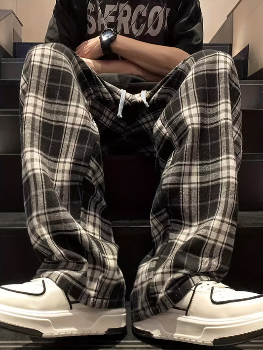 Men's casual plaid long pants with drawstring for casual wear.