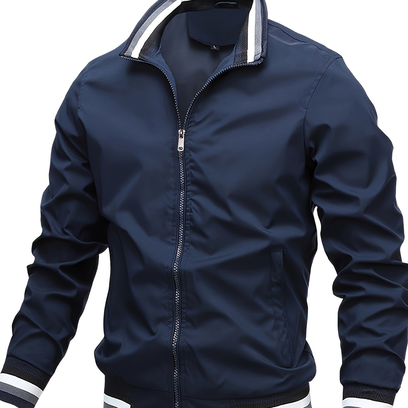 Men's lightweight bomber jacket with stand collar, zipper placket, and long sleeves. Made of 100% polyester for hiking and casual wear.