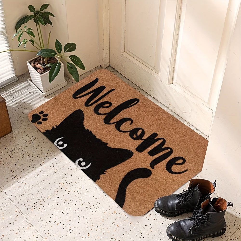 Introducing our Cat Welcome Doormat, featuring a non-slip backing for safety. Made from machine washable polyester, this indoor/outdoor rug is perfect for any entrance, porch, laundry room, or office. The fun cat design adds a whimsical touch to your