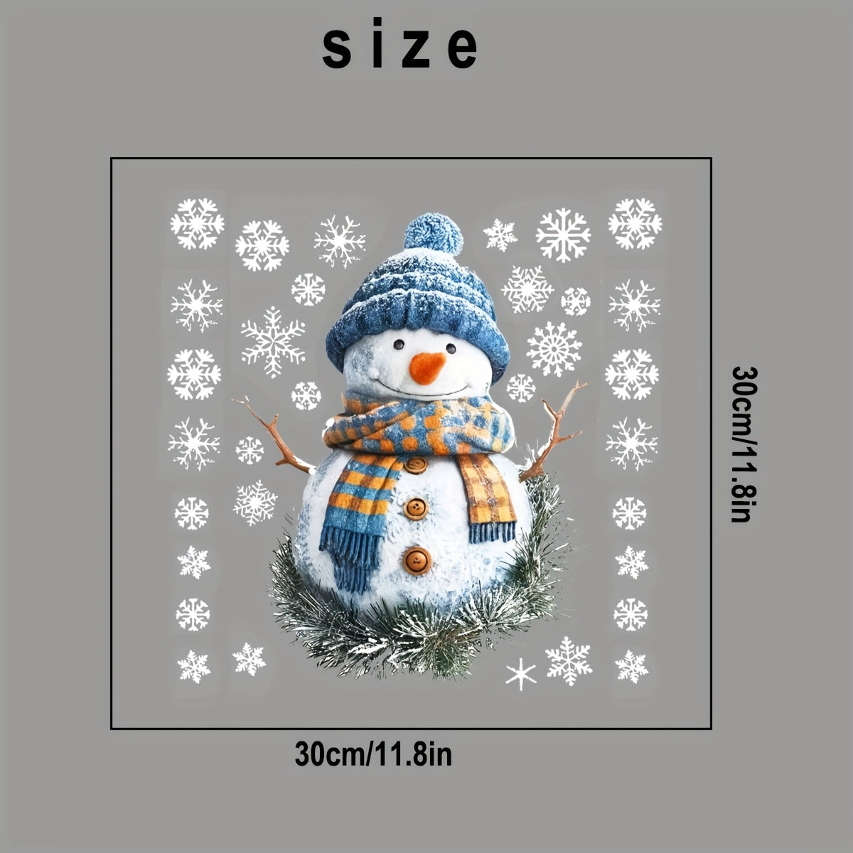 Winter holiday decoration - Double-sided Christmas Snowman window cling with blue hat and scarf, made of removable PVC static decal for festive home and mall glass decor.