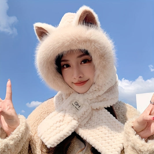 Plush Fox Ear Hat Scarf with Thick Integrated Neck Gaiter for Winter Warmth and Ear Protection