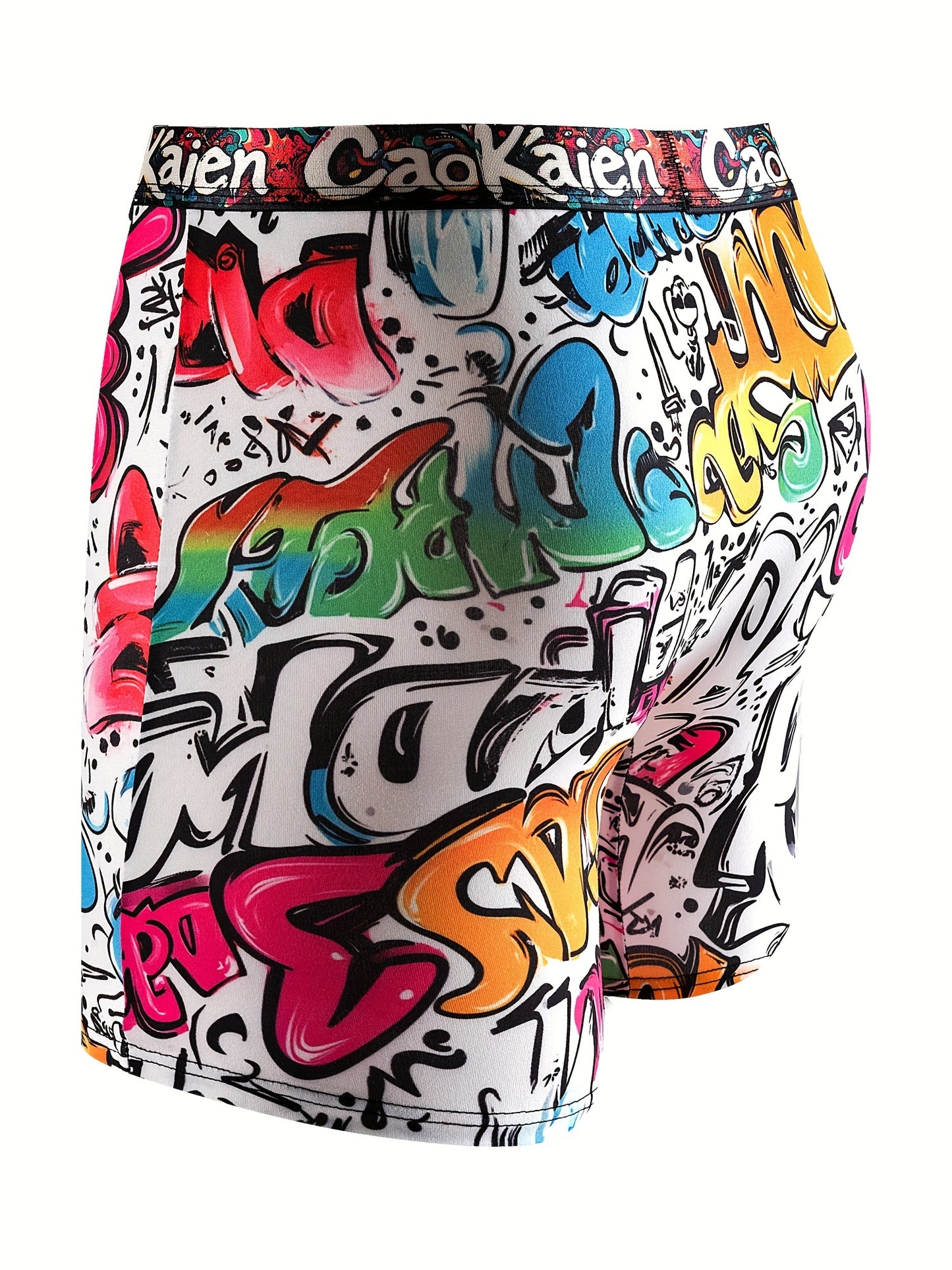 5 Vibrant Graffiti-Style Men's Long Boxer Briefs - Pop Art Inspired, Ultra-Soft Polyester Blend, Elastic Waistband