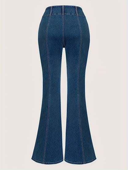 Women's high-waisted stretchy flare jeans with elastic waistband offer a sleek silhouette.