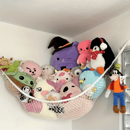 White and pink stuffed animal hammock designed for hanging in the corner to organize teddy bears and plush toys. Includes easy-install anchors and hooks for quick setup. A decorative storage solution that doubles as a stuffed animal storage basket.