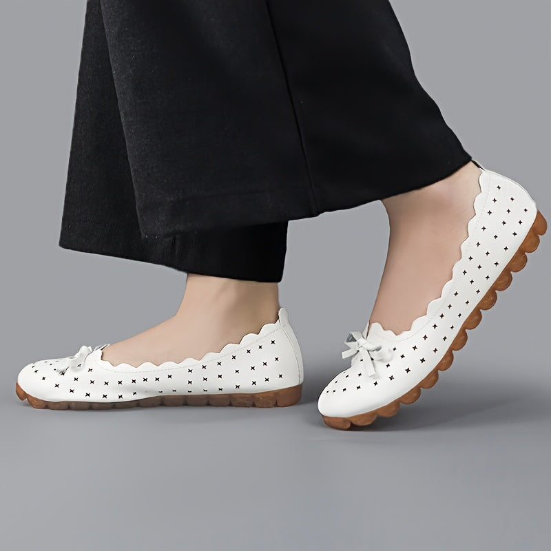 Stylish Womens Bowknot Flat Shoes with Breathable Hollow Out Design for Comfortable All-Day Wear.