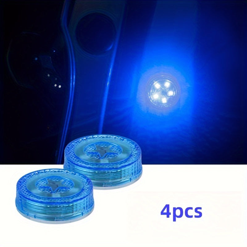 4 Red LED Car Door Lights with Circular Design and Patterned Surface for Enhanced Visibility and Easy Installation, Made of Durable Plastic for Safety and Aesthetic Appeal.