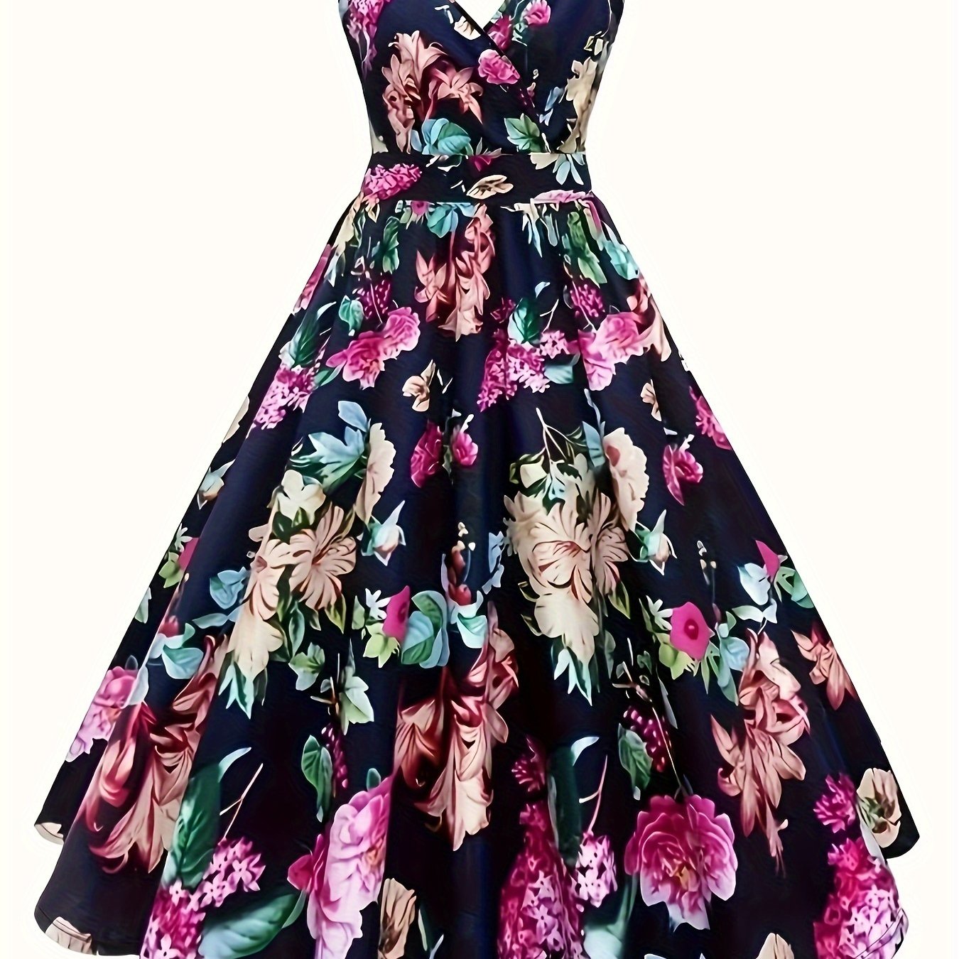 Floral print V neck tank dress for spring & summer, elegant sleeveless A-line dress for women