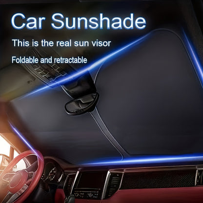 1pc Foldable Sun Visor with UV Protection & Interior Cooling in Black. Universal fit for car windshield with interior light strip design. Modern sun visor with roll-up closure for cars.