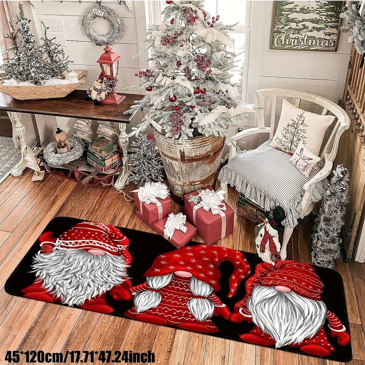 Get into the holiday spirit with this festive Christmas faceless gnome kitchen runner rug! This non-slip rug is stain resistant, waterproof, and perfect for adding a touch of Christmas cheer to your home. Whether you place it in your living room