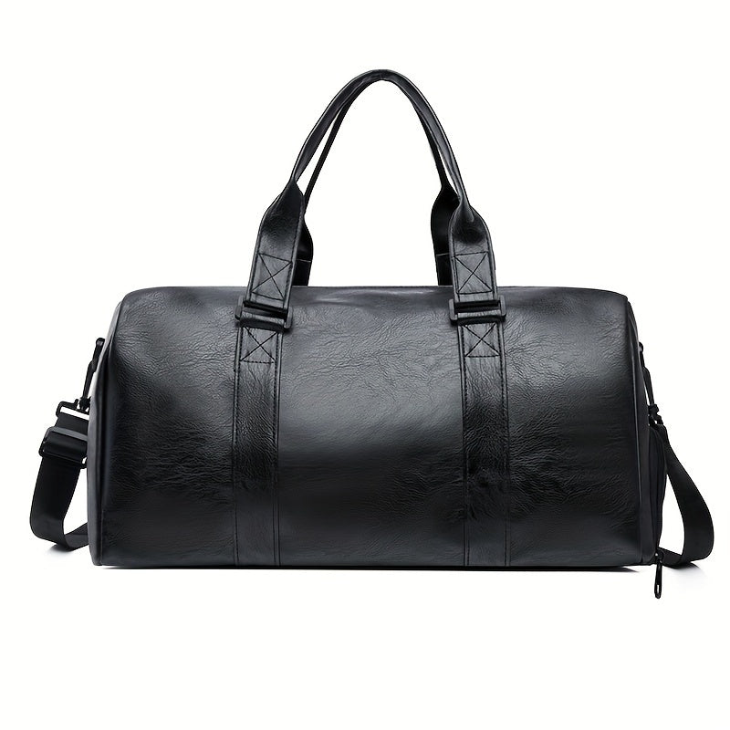 Stylish men's travel bag with adjustable strap, wet/dry separation, and shoe compartment - ideal for short trips.