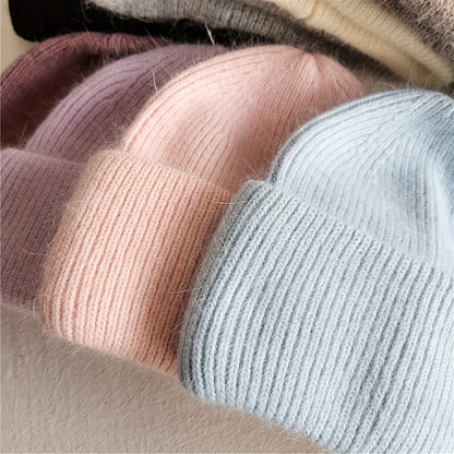 Soft knit beanie in candy colors for women, perfect for casual wear in autumn and winter.