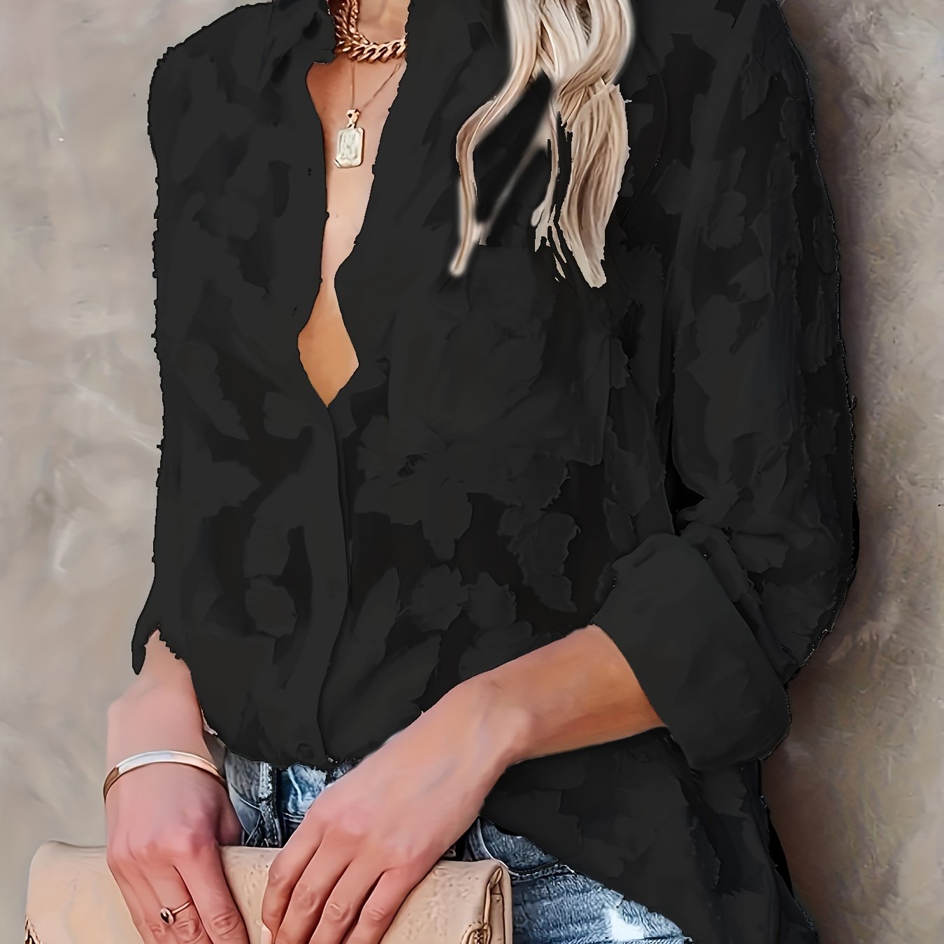 Jacquard sheer loose blouse with long sleeves, perfect for spring and fall.