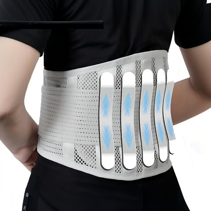 Gray Compression Waist Support Belt with 5 reinforced support plates, breathable mesh back support, elastic compression for lower back protection and waist care during various activities.