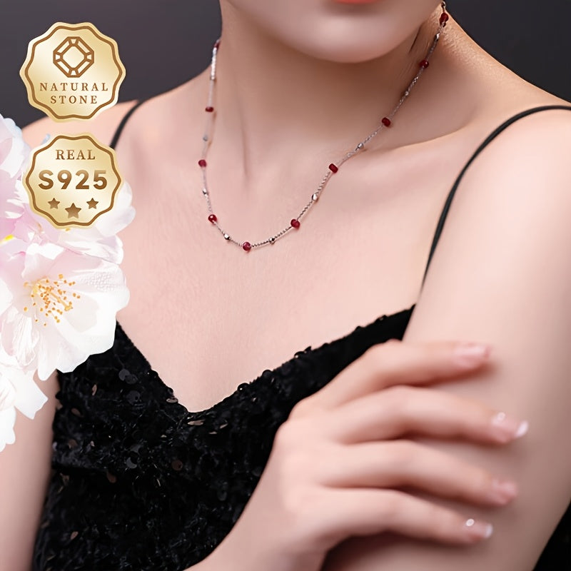 MUFAN Elegant Luxury Red Gemstone Necklace Crafted in S925 Sterling Silver, Perfect for Daily Wear and Gift Giving, Features a Starry Design with Distinctive Stone Patterns and Textures for Women - Comes in a Gift Box [Suitable for All Seasons]