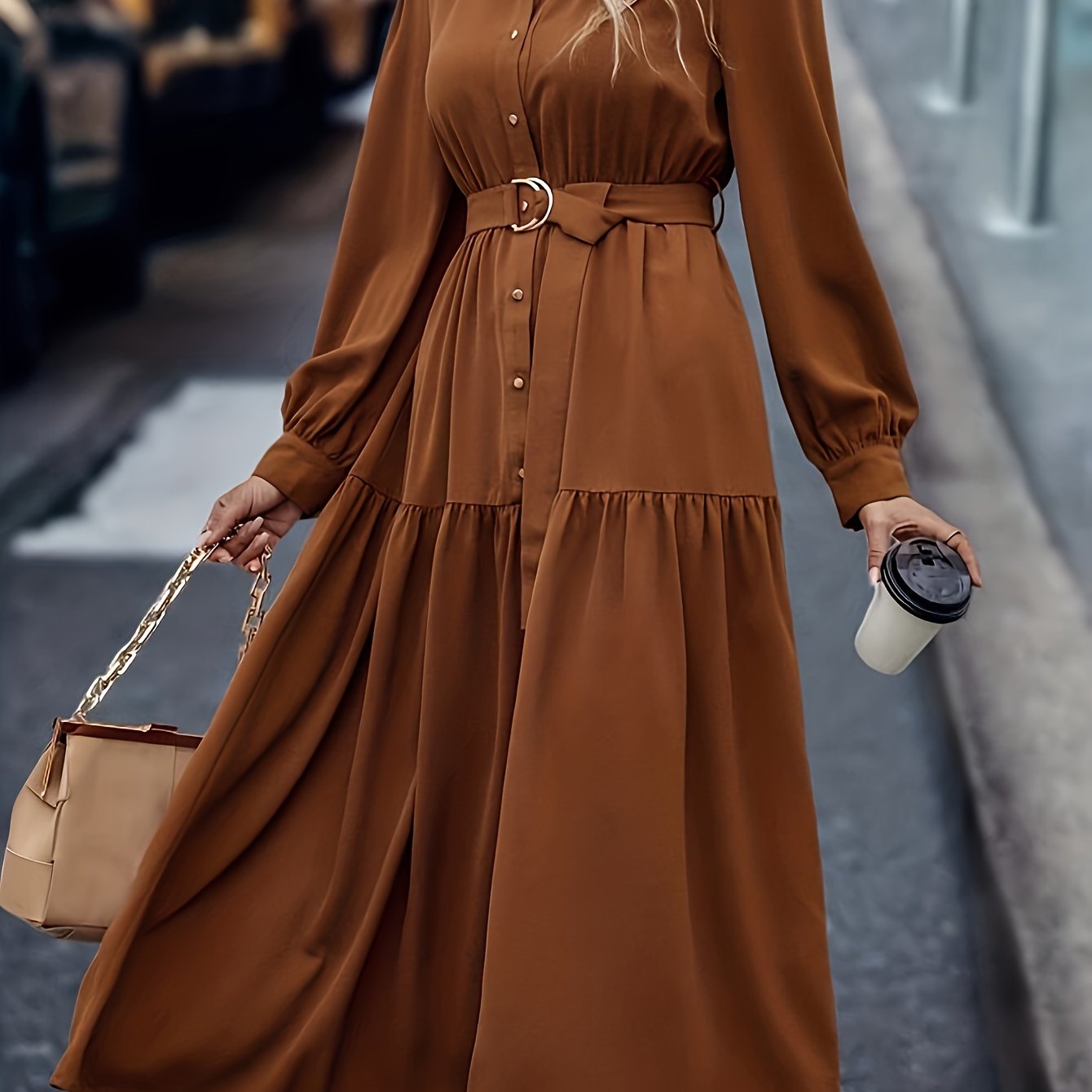 Middle-Eastern style polyester shirt dress with lantern sleeves, ruffled hem, and button details - A-line woven midi dress suitable for spring/fall.