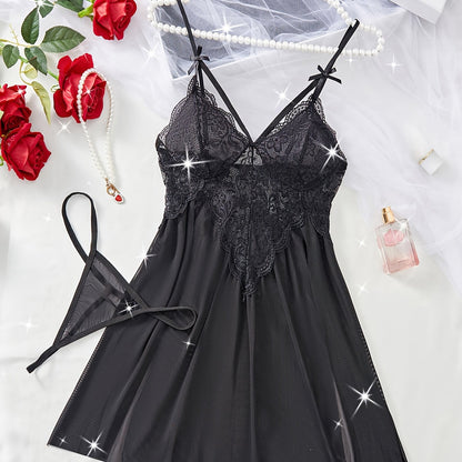 Sexy slit nightgown set for women with lace detail and knit fabric in solid color, made of polyester. Perfect for adult sleepwear.