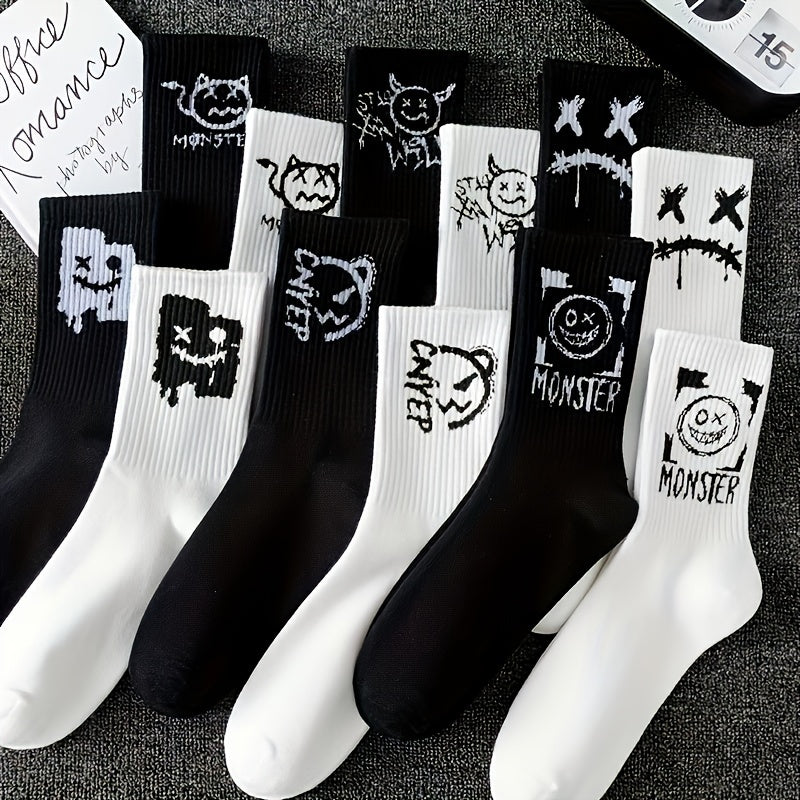 5 pairs of unisex couple sports socks with geometric pattern, made of 95% polyester and 5% spandex. Suitable for basketball and spring/autumn season. Color: Black and white. Mid-calf length.