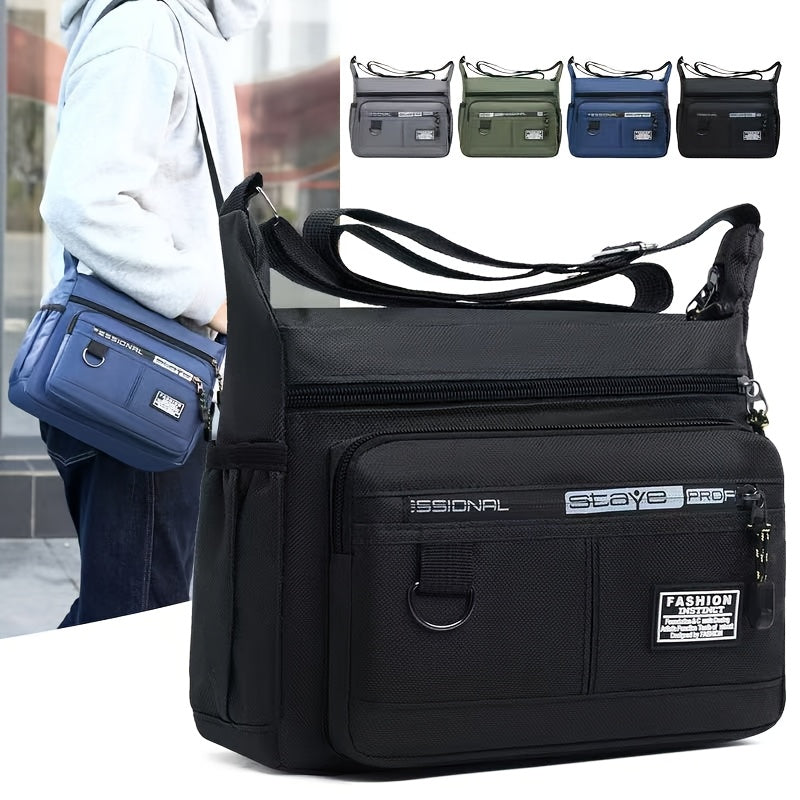 Large capacity men's chest bag made of nylon with side pocket, multiple compartments, adjustable strap, in black color, suitable for travel and outdoor activities.