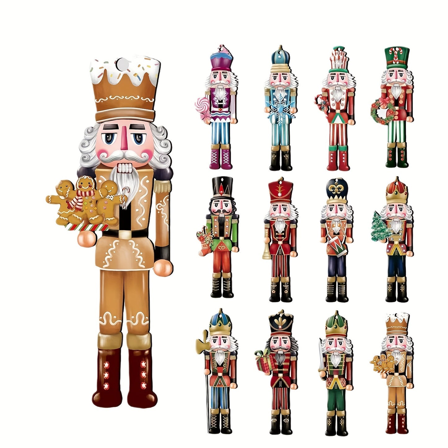 Set of 12 Nutcracker Wooden Ornaments - Traditional Christmas Decor for Parties & Home