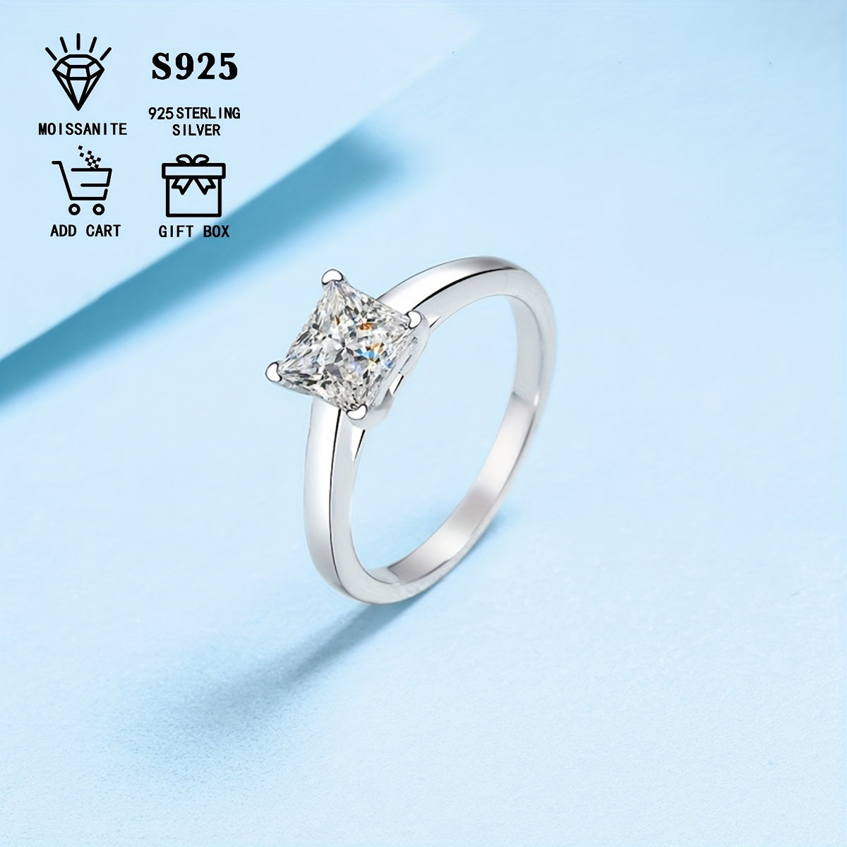 1 carat/2 carat/3 carat Elegant Bohemian Square Moissanite Princess Cut Ring for Women, made of 925 Sterling Silver, Hypoallergenic, Comes with Certificate and Gift Box, Ideal for Daily Wear, Anniversary, Wedding, and Valentine's Day Gift