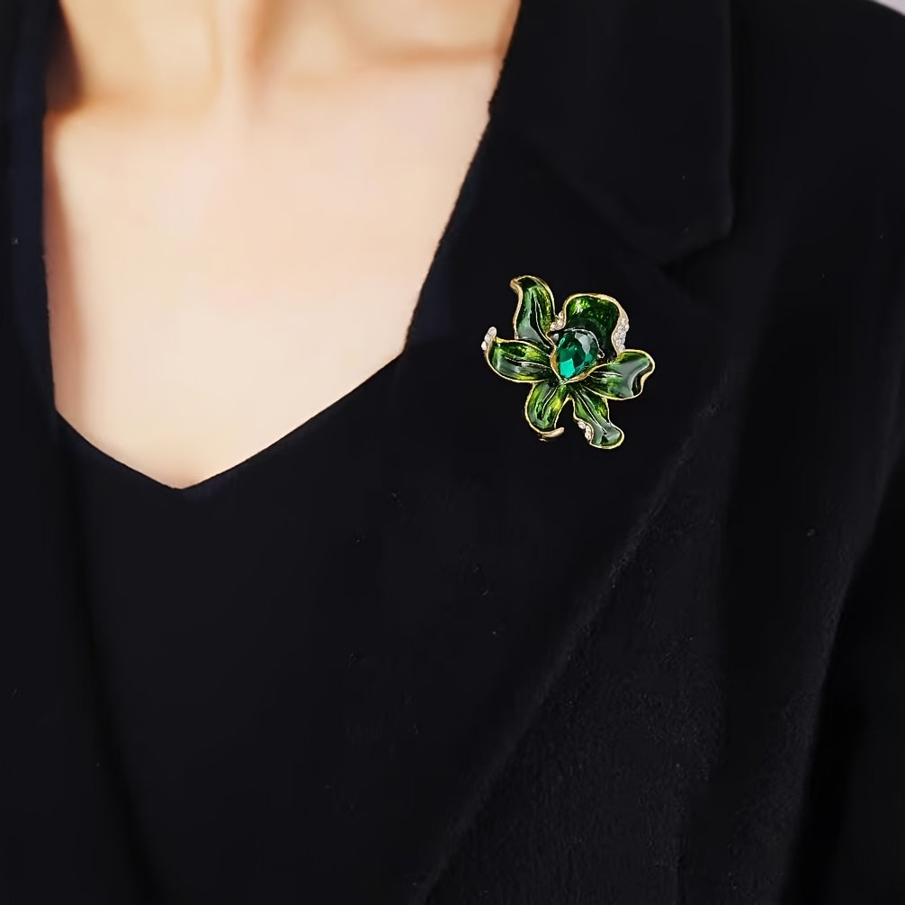 Retro and Fashionable Green Oil Drop Crystal Multi-Layer Flower Brooch, Available in 1 or 2 pieces. Perfect for Sweaters, Shirts, and Clothing. Includes Anti-Exposure Pin for Daily Wear.