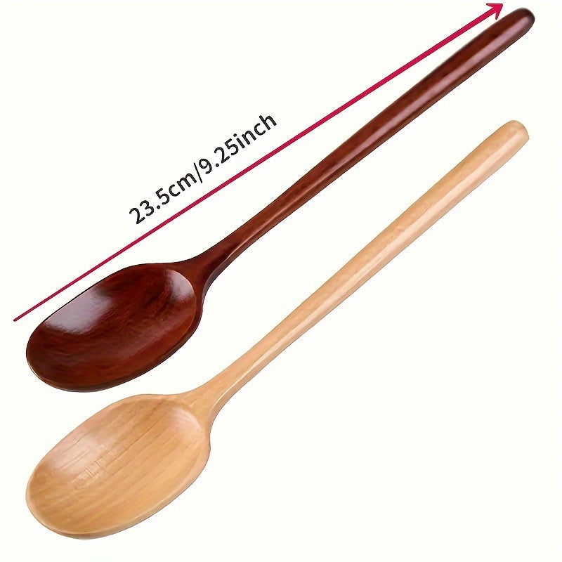 Multi-purpose 23.5cm long-handle wooden spoon ideal for kitchen, restaurant, camping, and picnics.