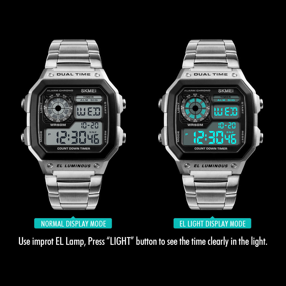 Digital Sport Watch for Men by SKMEI, Stainless Steel with LED Display