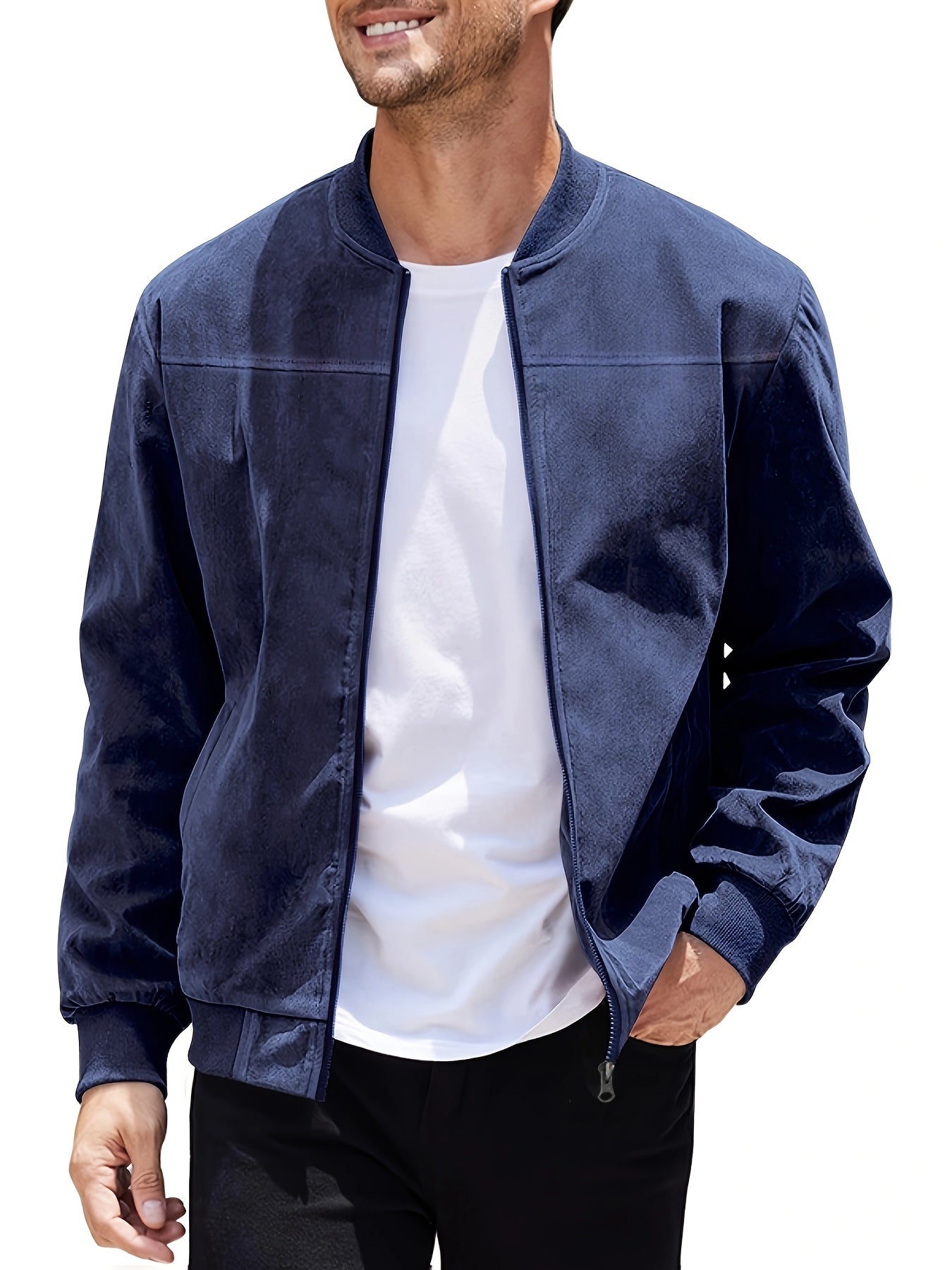 Casual and stylish navy blue jacket for men, lightweight with stand collar and full-zip design. Made of polyester blend, ideal for spring and autumn.