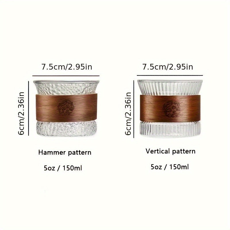 Set of 1 reusable 5 oz glass coffee cup with wood sleeve. Features stripe pattern and non-slip design. Recyclable and dishwasher safe.