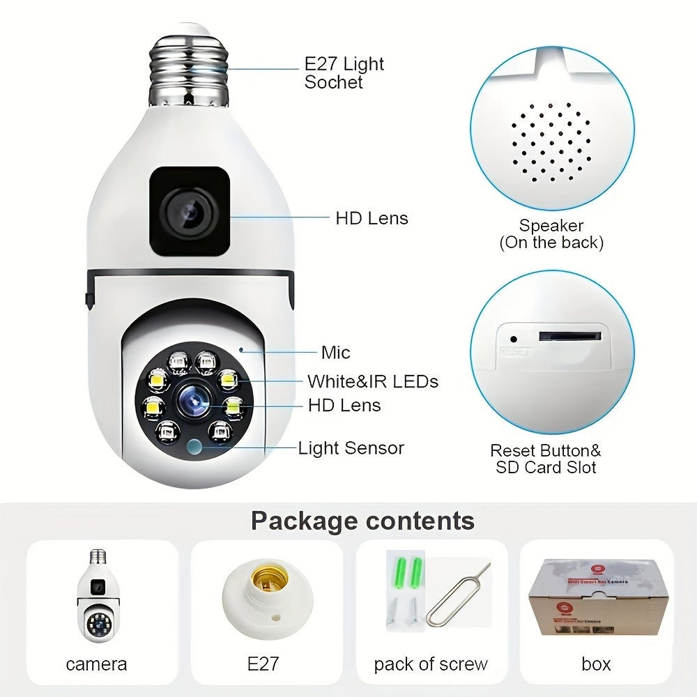 YIIYRY 1pc 360° Panoramic Light Bulb Security Camera with Dual Cameras, E27 WiFi for Home & Outdoor Surveillance. Smartphone Compatible with Smart Motion Detection, Two-Way Audio. No Battery Required, 1080p resolution perfect for Office/School/Shop use.