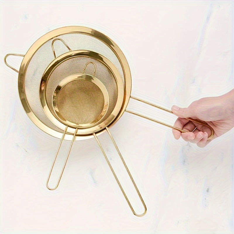 3-piece golden stainless steel strainer set for baking and cooking, perfect for home and restaurant use.