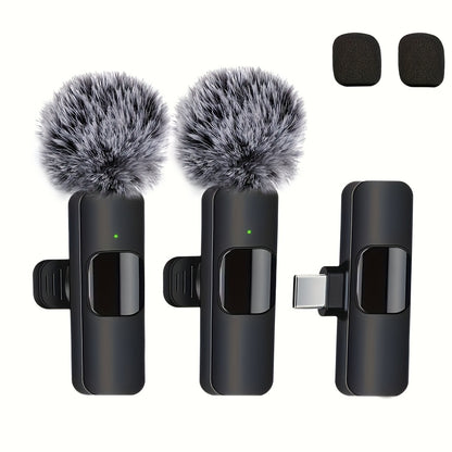 Wireless clip-on microphone for iPhone, iPad, and Android devices. Suitable for audio and video recording, live streaming, and interviews.