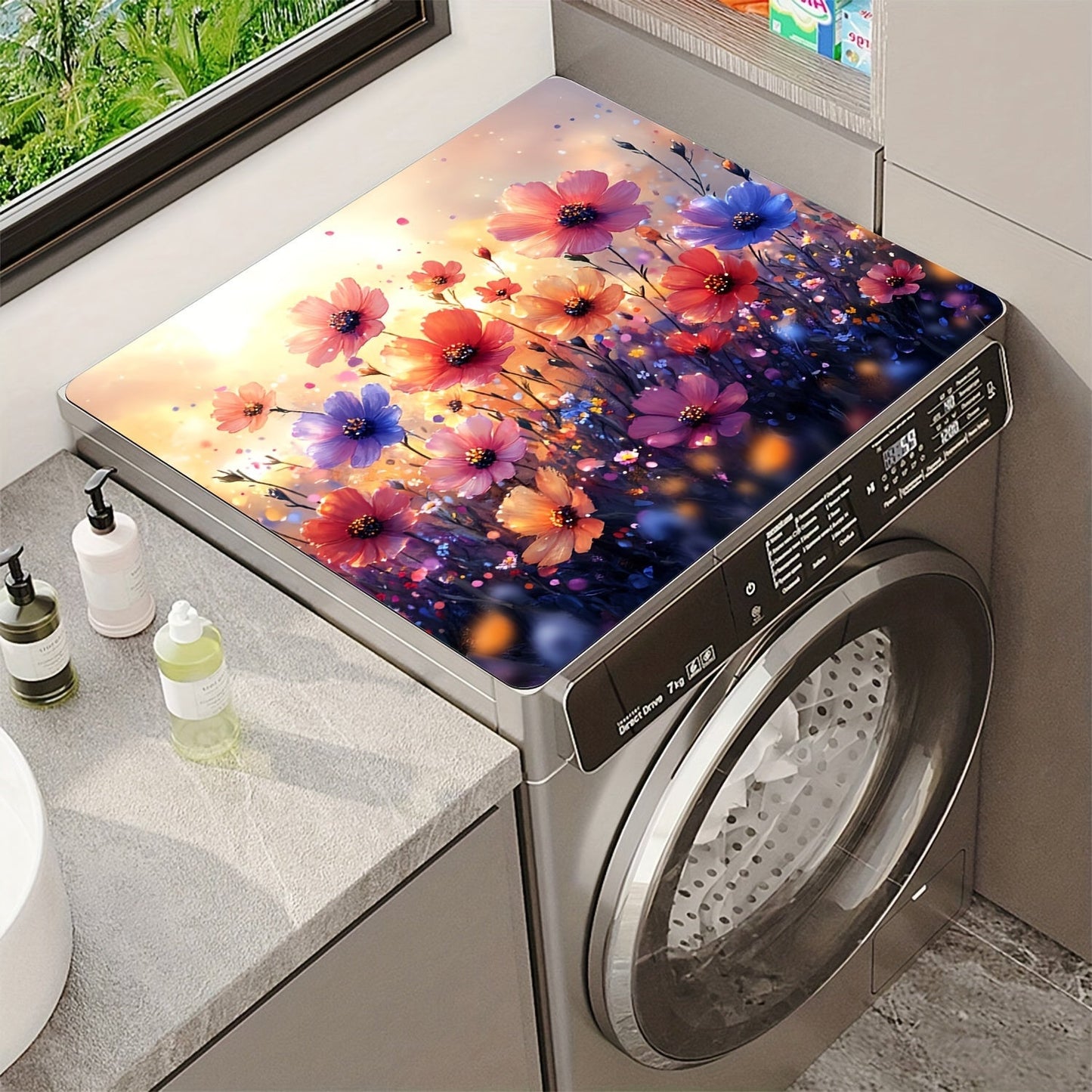 1pc Floral Washing Machine Dust Cover Mat made of polyester, perfect for protecting your washer, dryer, and small appliances. This universal quick-dry top pad is not only practical but also adds a modern touch to your home decor. Its absorbent and