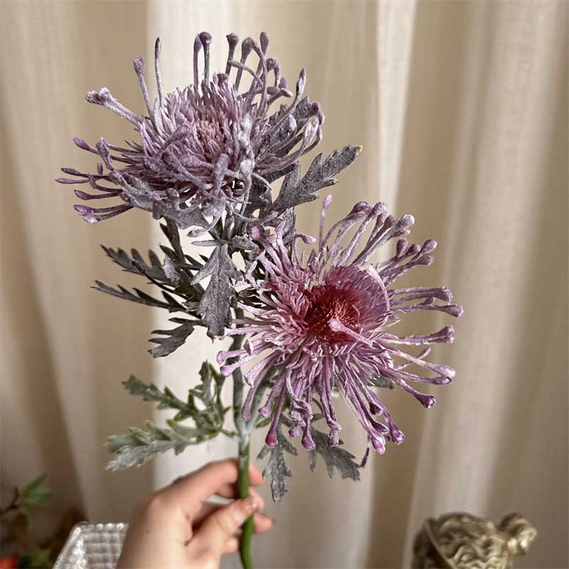 1 lifelike artificial chrysanthemum with 2 blooms - ideal for weddings, engagements, and home decor. Perfect for tabletops and photography props.