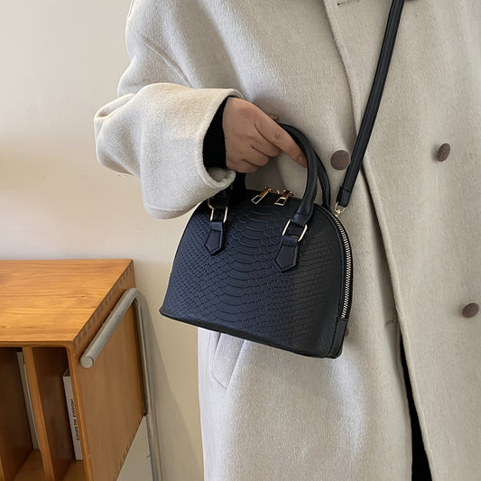 Women's Black Crocodile Pattern Handbag - Stylish, versatile shoulder and crossbody bag with golden-tone hardware, synthetic leather, and elegant vintage design for everyday use.