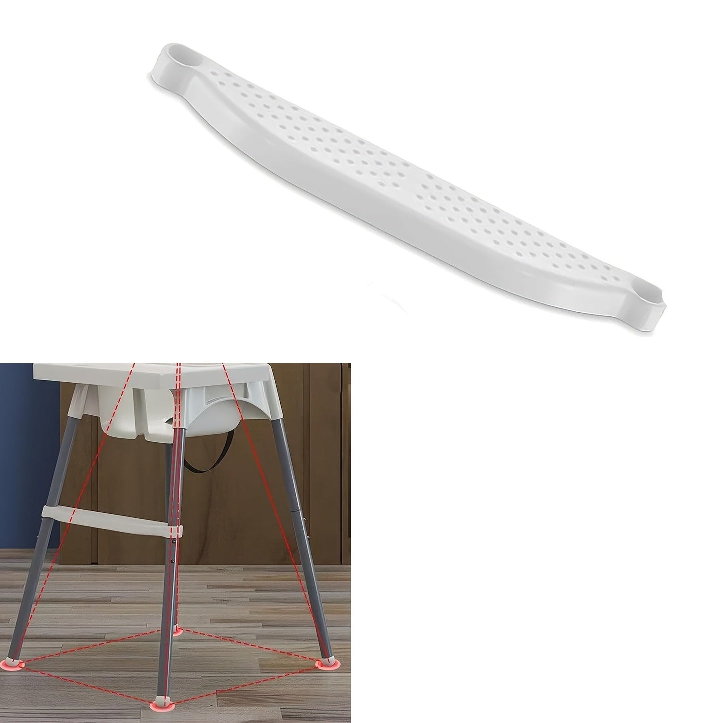 This footrest for high chairs is adjustable and features non-slip lightweight plastic. It is designed to be compatible with high chair accessories and includes stabilizing rubber rings. No assembly is required.