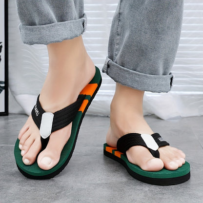 Ultra-soft men's flip-flops in green, black, and white with rubber sole for indoor/outdoor comfort.