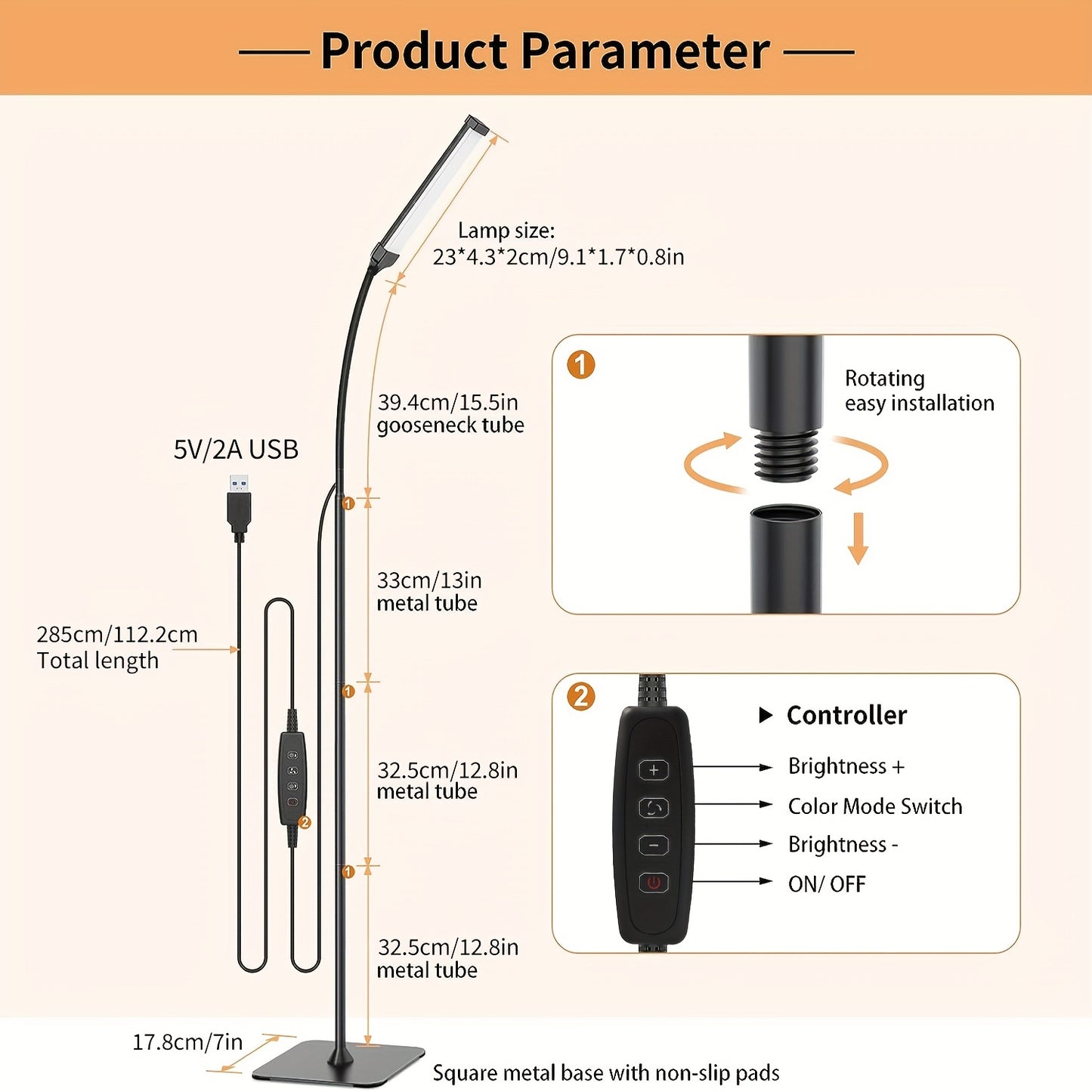 Dimmable floor lamp with 120 LEDs, 3 color modes, and 10 brightness settings. Compatible with 5V/2A adapter. Features flexible gooseneck for use in living rooms, bedrooms, and offices.