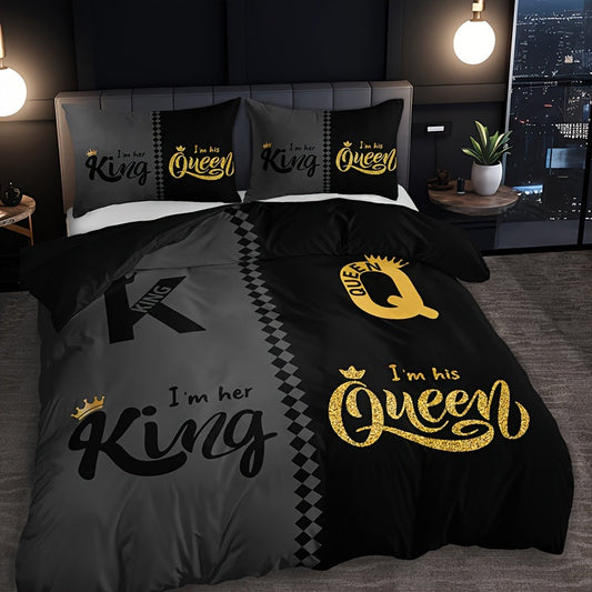 Black and grey duvet cover set featuring crown lettering design, including 1 duvet cover and 2 pillowcases. High definition printing for home and dorm decor, comforter not included.