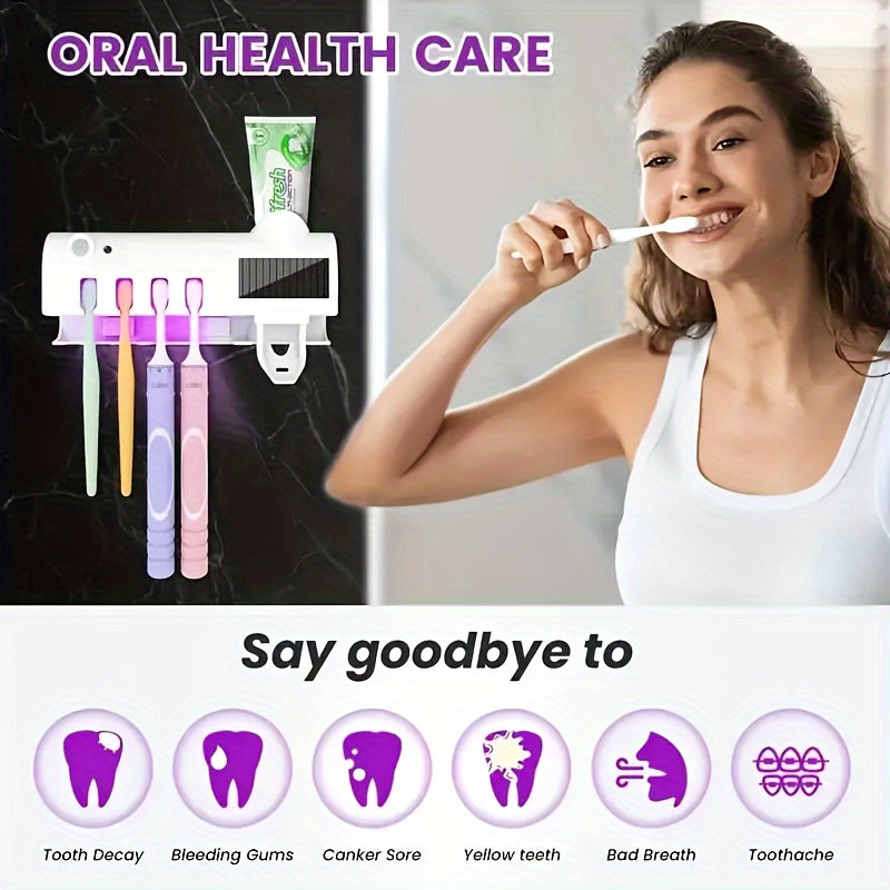 1pc UV sterilizer toothbrush holder with 4 slots, toothpaste dispenser, wall-mounted, intelligent design, bathroom accessory, no-drill installation.