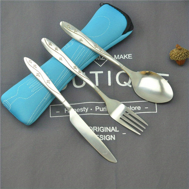 3-piece stainless steel camping cutlery set with portable bag