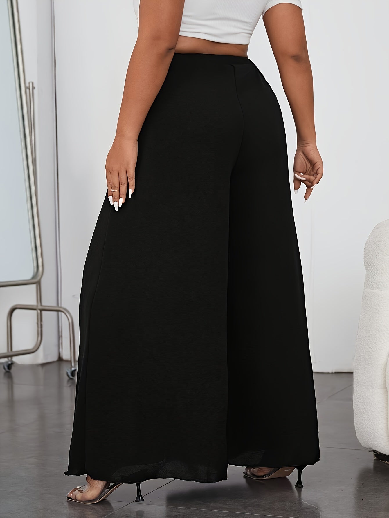 Elegant Elastic Waist Wide Leg Pants with Solid Pocket for Spring & Summer, Women's Plus Size Clothing.