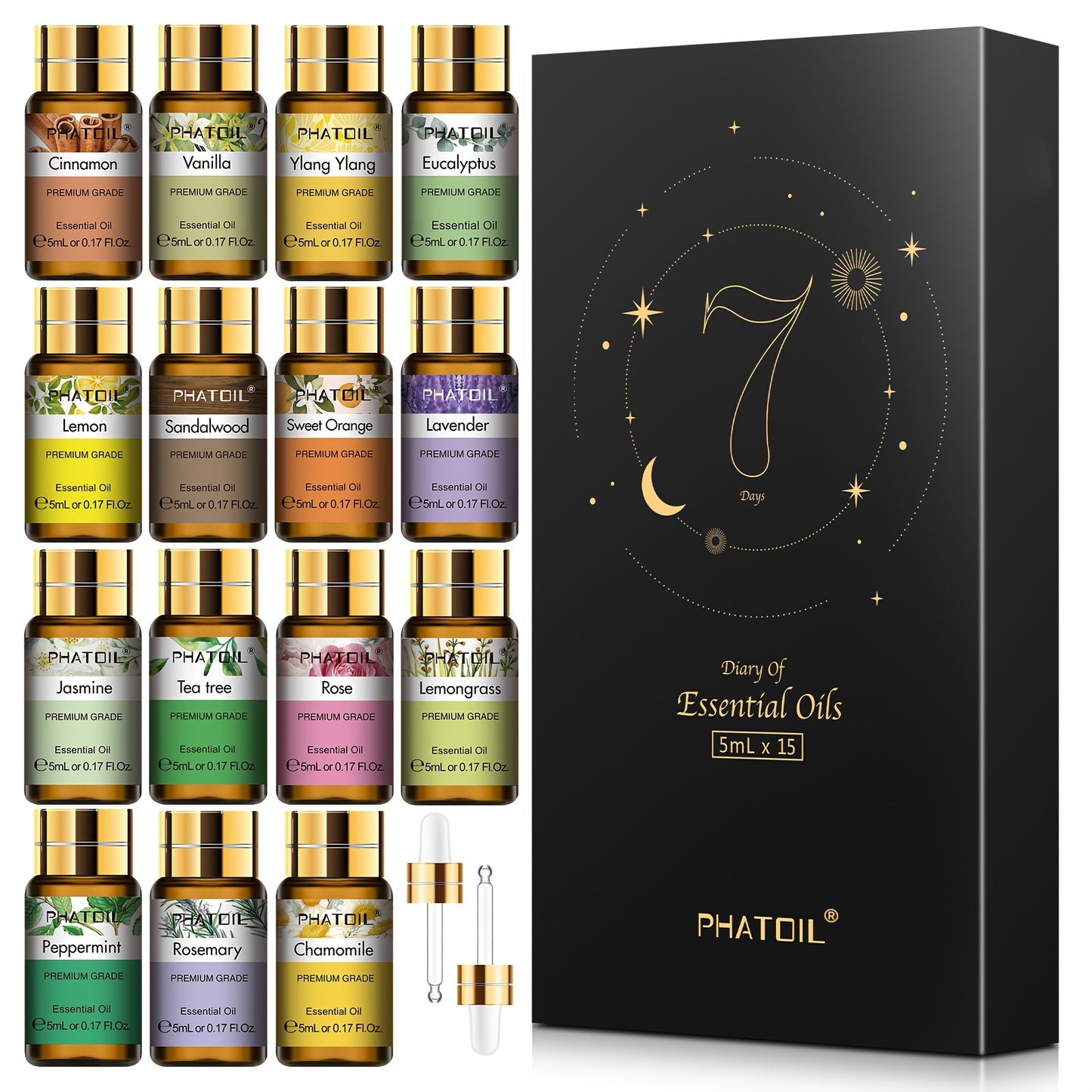 15-piece PHATOIL Essential Oil Set with mood-lifting properties in liquid format under 1L capacity, single blend varieties with no side effects.