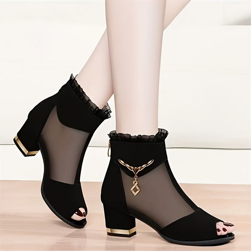 Breathable mesh chunky heel sandals for women with open toe, back zipper, and stylish design.