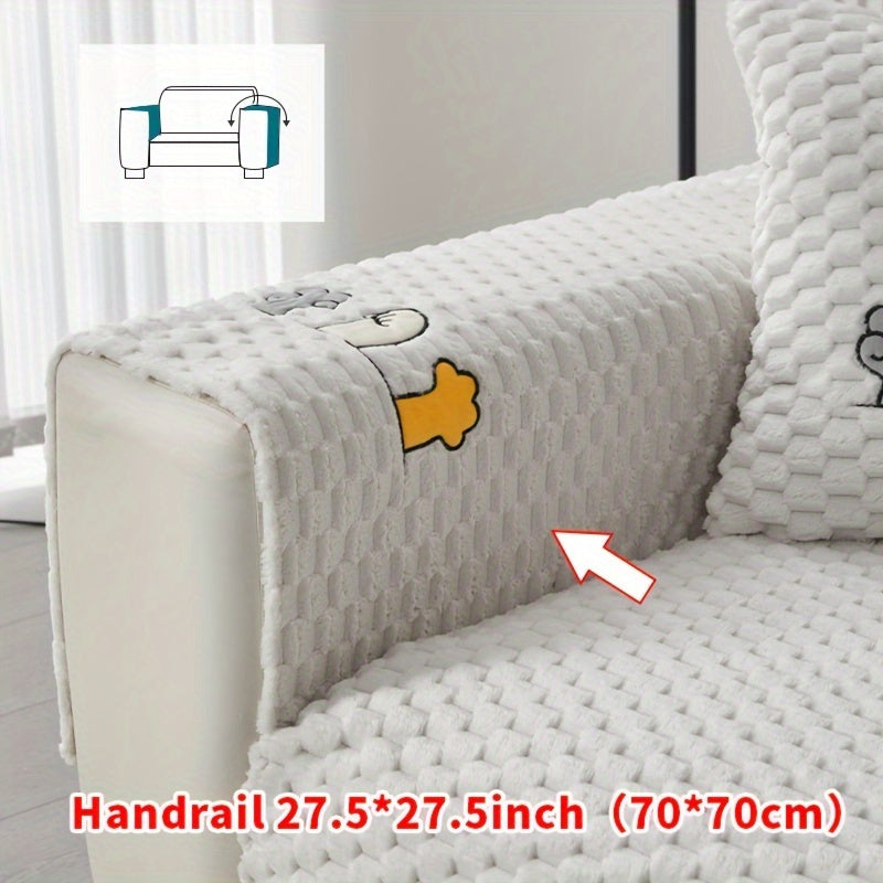 Modern honeycomb fleece sofa cover with embroidered design, pet-friendly protection for furniture, plush slipcover for various sofas. One-piece design with anti-slip backing for home and office decor.