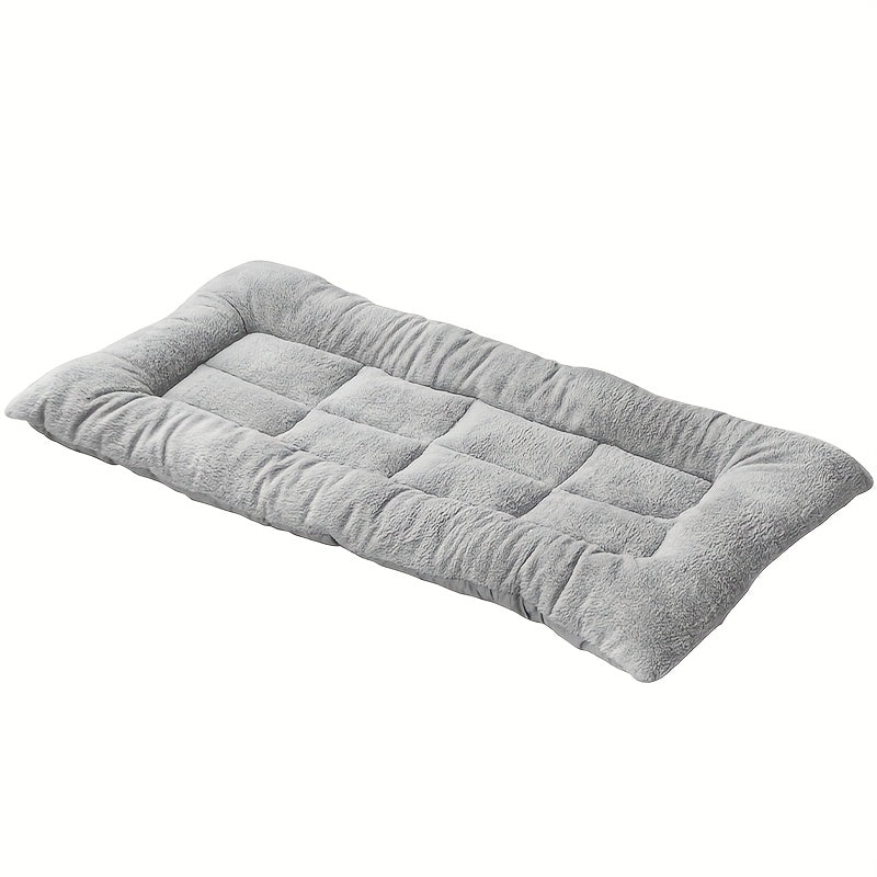 Large plush dog bed with soft, thick polyester fiber, in light gray and white, for small to large breeds, providing quilted comfort on a cozy rectangular couch.