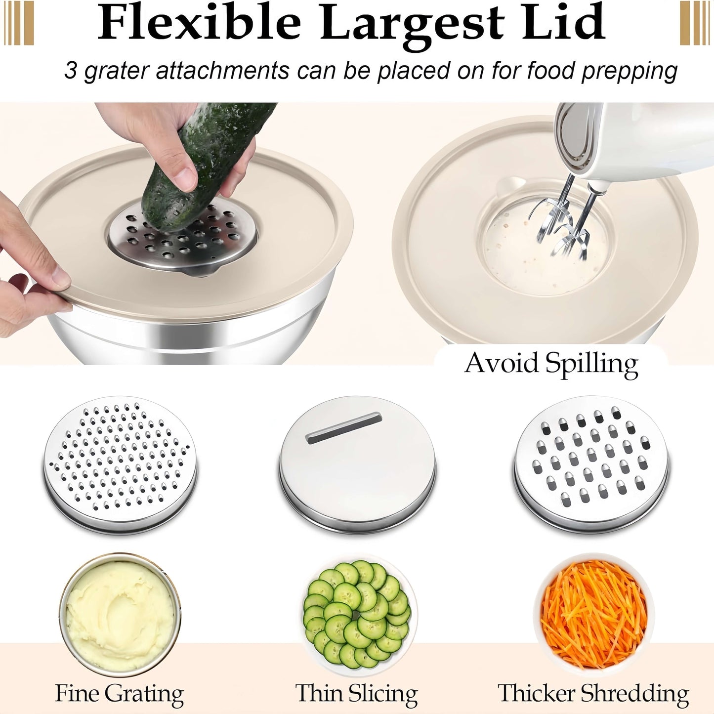 Get ready for any holiday meal with this complete set of 15 stainless steel mixing bowls, each with airtight lids for storage. The set includes 3 grater attachments for added versatility. These rust-resistant metal bowls are dishwasher safe and ideal for